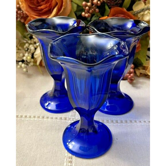 Anchor Hocking Cobalt Blue Footed Tulip Ice Cream Sundae Dessert Dish Set of 3 - Picture 1 of 5